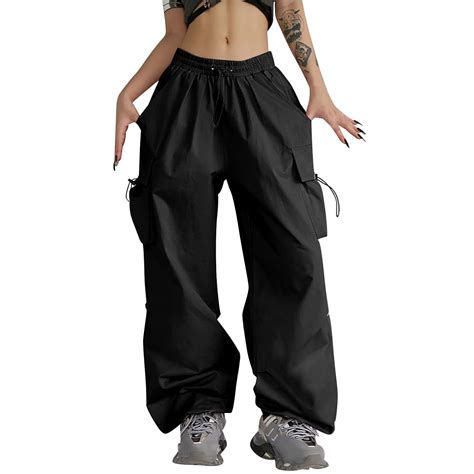 Lisingtool Cargo Pants Women's Parachute Pants with 4 Pockets High Rise ...