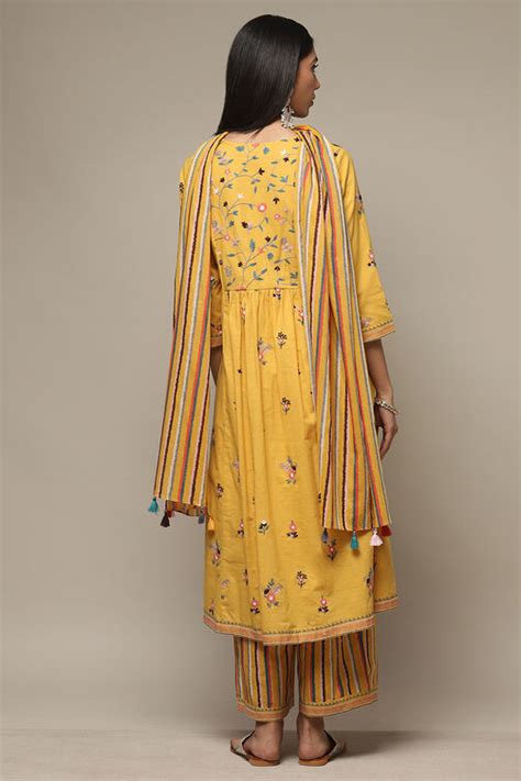 Yellow Cotton Gathered Kurta Palazzo Suit Set