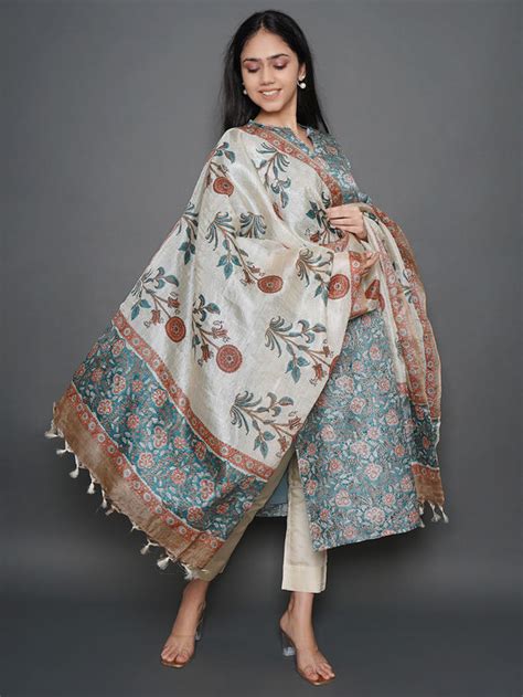 Buy Blue Hand Block Printed Tussar Silk Kurta with Dupatta- Set of 2 ...