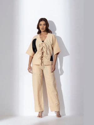 Buy MARKKAH STUDIO Beige Chambray V-Neck Colo Block Top with Pant (XS ...