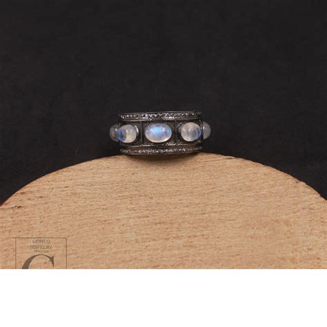Natural Rainbow Moonstone Band Ring With Pave Diamonds In 925 Sterling ...