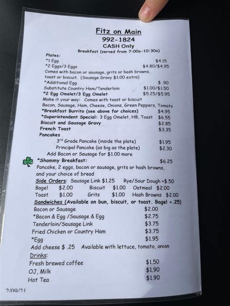 Menu at Fitz On Main restaurant, Kernersville