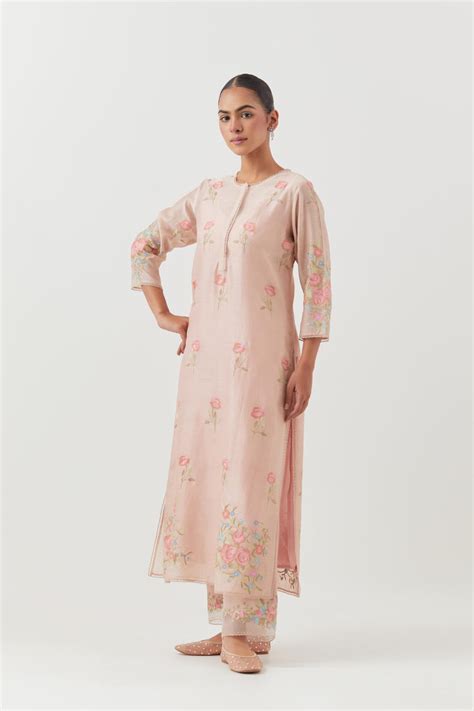Pink silk Chanderi straight kurta set with all-over roses embroidered ...