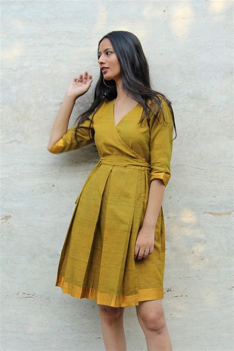 Pista Green South Cotton Pleated Wrap Dress - Mogra Designs