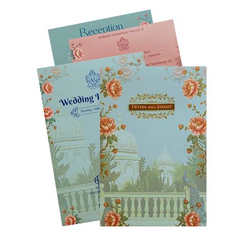 Buy Mint Blue Padded Palace Peacock Wedding Card | 4000+ Designs | King ...
