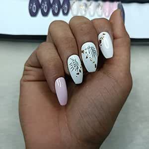 Buy Glossy Purple Gray with Nude Pink Leaves Press on / Fake nails ...