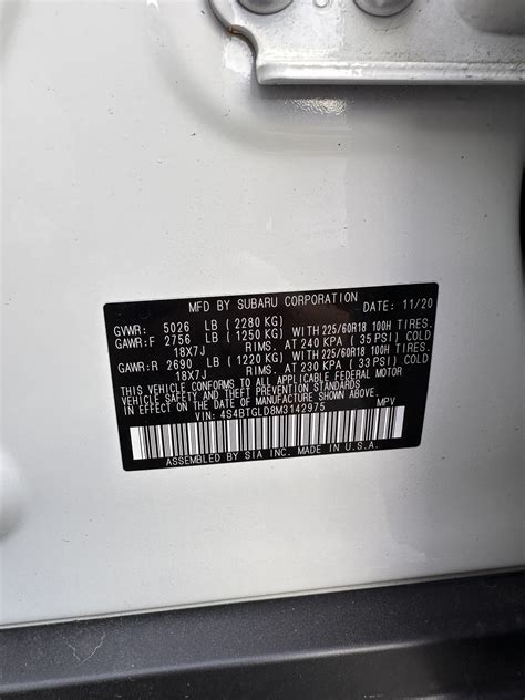 VIN number | Subaru Outback Forums