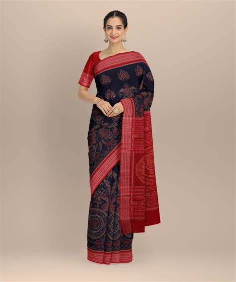 Navy blue red cotton sambalpuri handwoven saree – GoSwadeshi