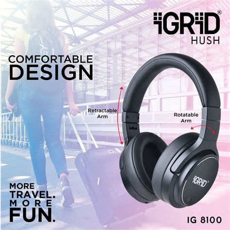 iGRiD-Hush Active Noise Cancelling Over The Ear Bluetooth Headphones ...