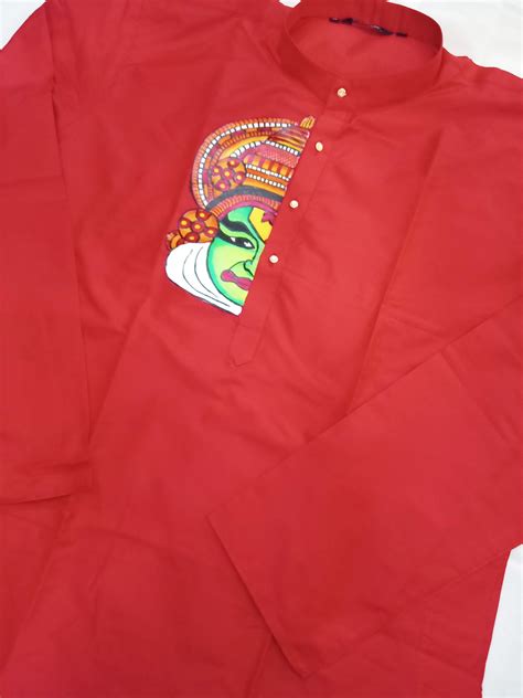 Half kathakali hand mural painting on red silk kurta – Kasavumana Murals