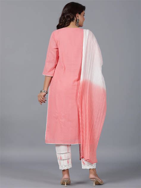 Peach Cotton Dobby Embroidered Kurta, Pants & Dupatta Set – Trendphoria