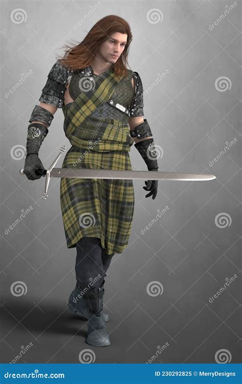 Romantic Highlander Man Walking with a Claymore Sword. Stock ...