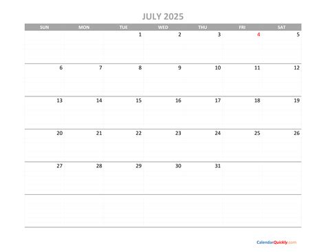 July Calendar 2025 Printable | Calendar Quickly