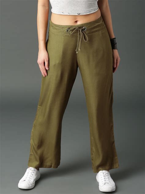 Buy Roadster Women Olive Green Regular Fit Solid Regular Trousers ...