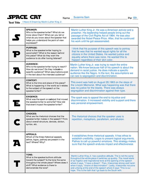 Spacecat Worksheet #1 - I Have A Dream - SPACE CAT Name
