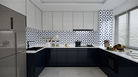Elegant Kitchen with Navy Cabinets and Quatrefoil Tile Backsplash