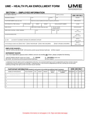 UME HEALTH PLAN ENROLLMENT FORM - Fill and Sign Printable Template Online