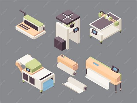 인쇄 서비스. 오프셋 프린터 비닐 보드 인쇄 플로터 접는 기계 및 종이 아이소 메트릭 절단기 | 프리미엄 벡터