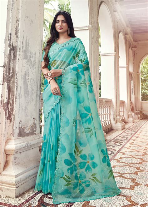 Sky Blue Floral Hand Painted Organza Designer Embroidered Border Saree ...