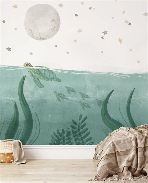 Sea Turtles in the Moonlight | Ocean Themed Nursery Wallpaper Mural ...