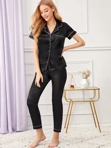 Contrast Binding Satin Pajama Set | SHEIN USA