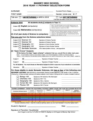 Fillable Online cdn2 masseyhigh school MASSEY HIGH SCHOOL 2016 YEAR 11 ...