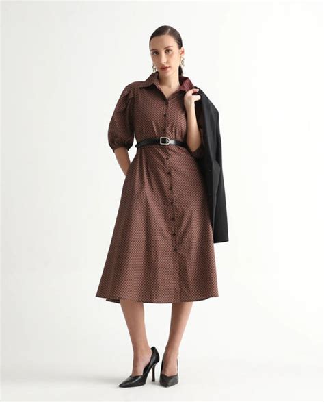 Rareism Women's Jembot Dark Green Cotton Collared Neck A-Line Geometri