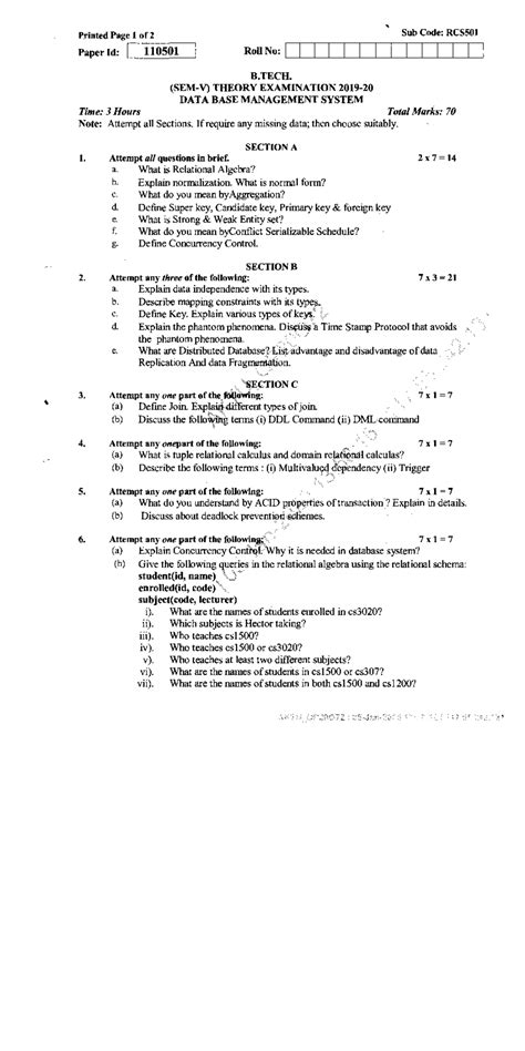 DATA BASE Management System RCS 501 1 - Printed Page 1 of 2 Sub Code ...