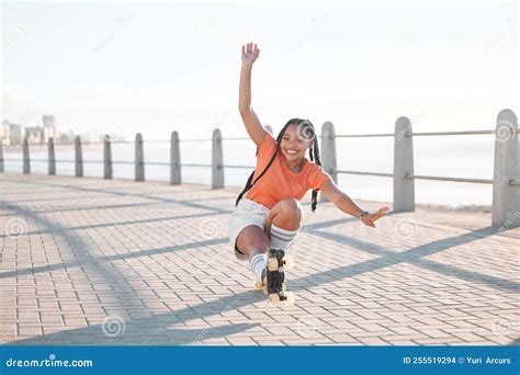Fashion Black Woman, Roller Skating or Fun by Beach, Sea or Ocean Brick ...