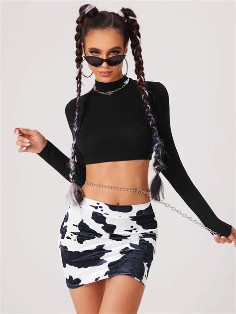 SHEIN Mock Neck Crop Top & Cow Print Bodycon Skirt | SHEIN USA