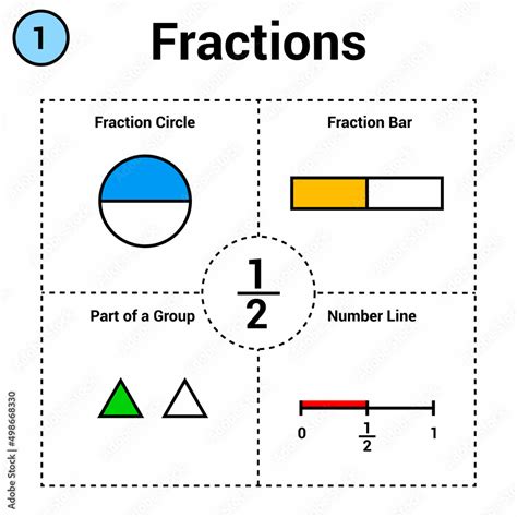 Fraction of one half. Fraction circle and bar. part of a group. number ...