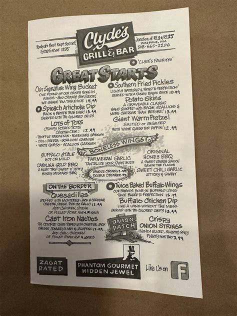 Menu at Clyde’s Grill and Bar, Walpole, 642 Providence Hwy