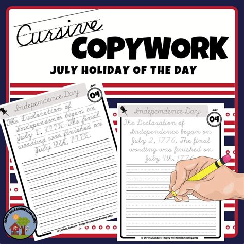 July Copywork - Cursive Font - Happy Hive Homeschooling