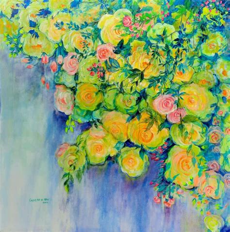 "Yellow Roses": Yellow-Green Nature painting by Surekha Matt | ArtZolo.com
