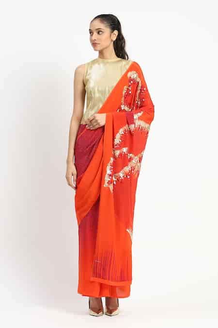 Buy Pink Silk, Crepe Embroidery Octarine Saree With Unstitched Blouse ...