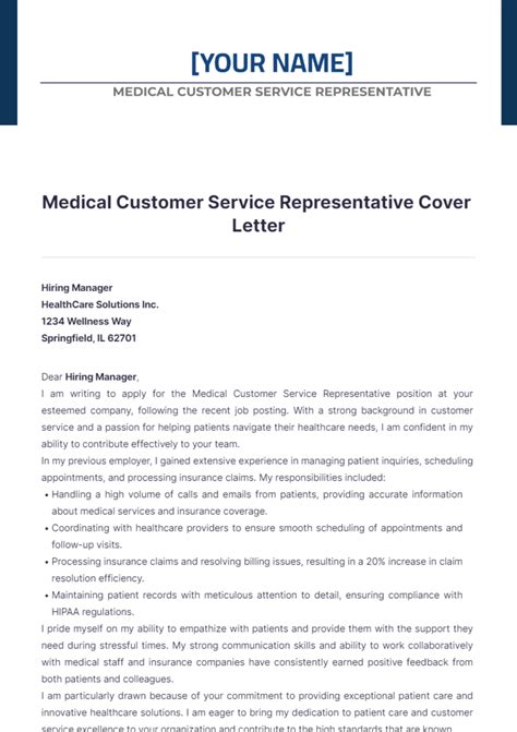 Free Medical Customer Service Representative Cover Letter Template to Edit Online