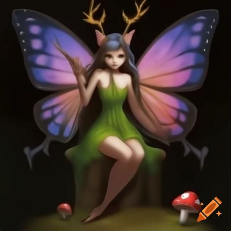 Evil fairy with butterfly wings, antlers, and mushroom dress on Craiyon