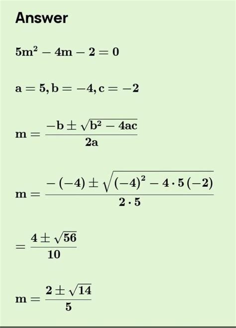 Solve 5m² - 4m - 2 = 0 Find value of m by Formula method - Brainly.in