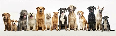 Group of mixed breed dogs sitting in a row on white background ...