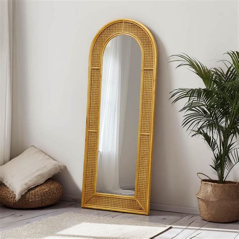 QUOAOT Rattan Full Length Mirror, 60''x24'' Arched Floor Mirror, Rattan ...
