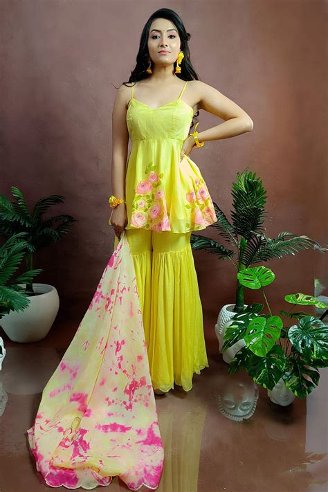 Hand Painted Yellow Colour Sharara Set With Tie Dye Organza Dupatta ...