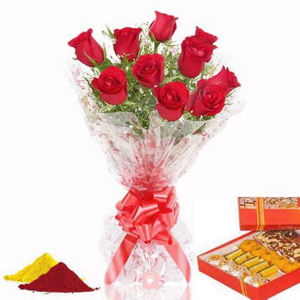 Buy Red Roses, Mix Sweets with Gulal Online at Best Price | Od