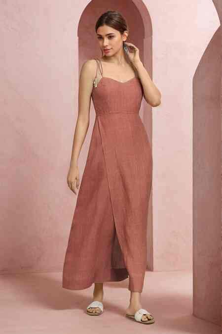 Buy Peach Linen Plain Sweetheart Neck Dress For Women by Naintara Bajaj ...