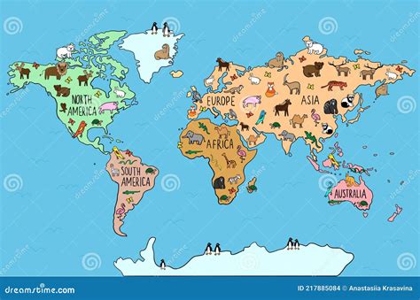Colored Hand Drawn Doodle Map with Endemic Animals. European Typical Wildlife. World Fauna Stock ...