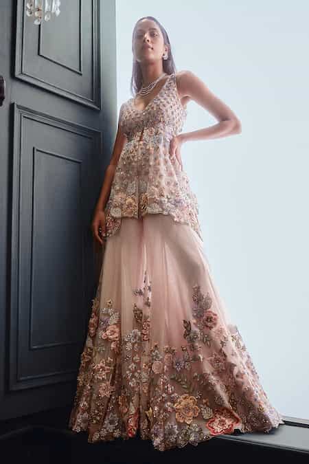Buy Beige Net 3d Floral Motifs Plunge V Neck Embroidered Kurta Sharara ...