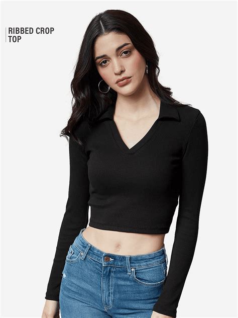 Buy Solids: Black (V-Neck) Women Cropped Polos online at The Souled Store.