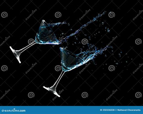 Pouring Clear Cocktail Glass with Spilled Blue Liquid in Air. Blue Soda ...