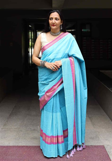 Readymade Turquoise Blue Saree with Pink Border | Godhuli