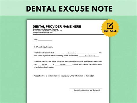 Dentist Note For School Template - Bolivaralumni.com