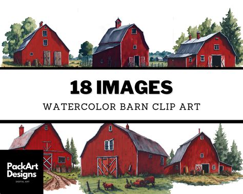 Watercolor Red Barn Clipart – Rustic Farm Landscape (digital Download ...